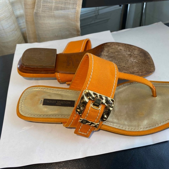LOUIS VUITTON ORANGE CANVAS THONG SANDALS GOLD BUCKLE SZ 36-6 ITALY FLATS SLIDES - Picture 9 of 10
